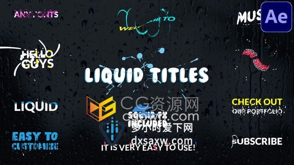 Liquid Titles卡通手绘流体飞溅水波纹图形动画视频字幕文字标题-AE模板