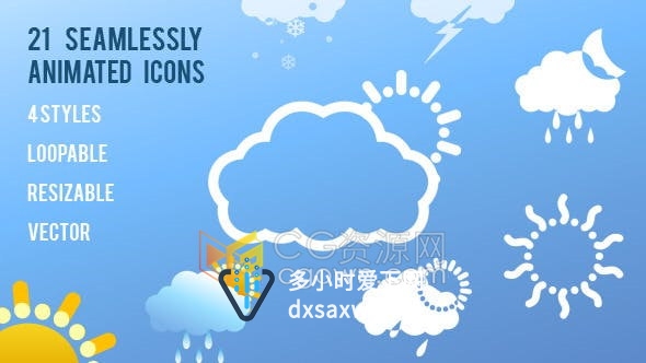 AE模板-21个动态天气图标动画晴天下雨下雪风暴强度解说Icons