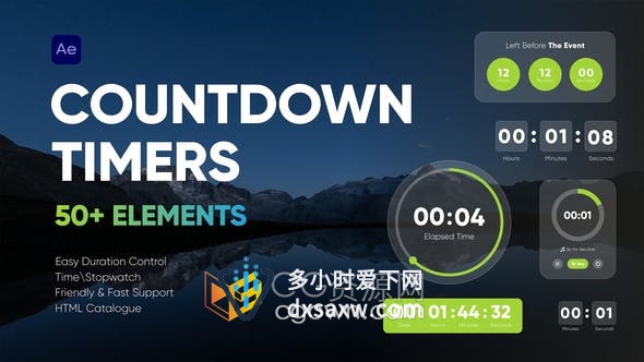 AE模板-运动倒数计时器秒表翻转计数器时间信息图表动画视频