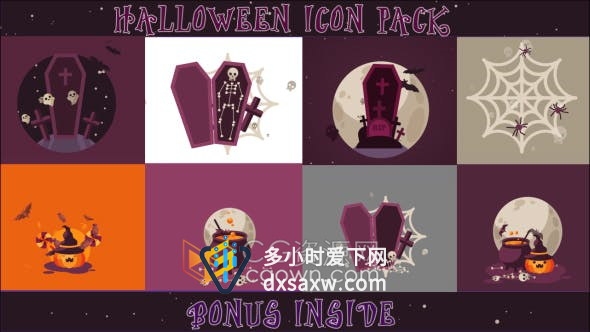Halloween万圣节主题场景图标Icon动画头骨蜘蛛南瓜蝙蝠元素包–AE模板