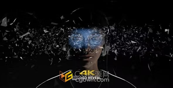 玻璃破碎冲击波VR眼镜中动态频闪虚拟现实4K标志AE科技片头模板