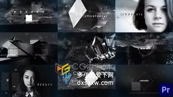PR模板-黑白风格几何线条图形动画现代艺术故障风格宣传视频