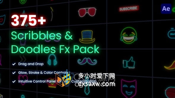 AE模板-375个卡通手绘霓虹发光创意元素图形动画素材Scribbles & Doodles FX
