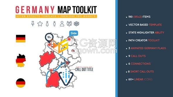 德国地图动画制作包信息图形地图动画统计图天气地图动画旅行路线介绍-AE与PR模板