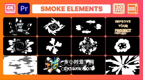 PR模板-12组卡通图形动画烟雾MG元素与文字标题