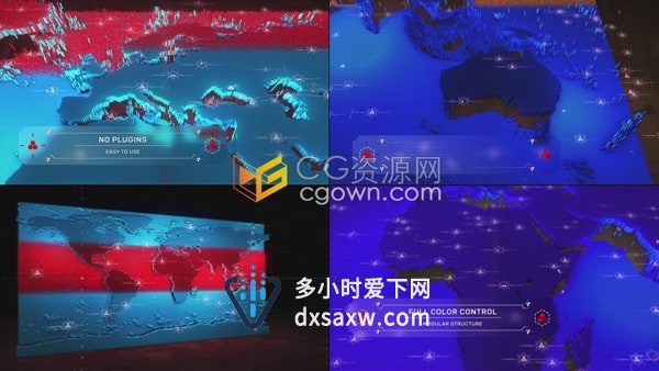 AE地图模板-世界地图3D扫描粒子HUD背景国际新闻疫情数据UI标题演示