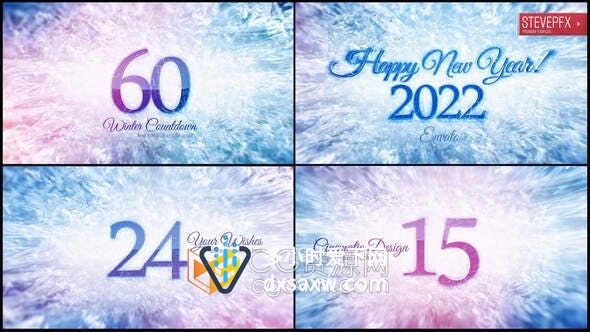 AE模板-2022年逼真冰雪纹理新年倒计时新年派对开幕式活动数字倒数