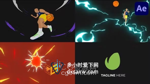AE模板-手绘篮球运动员冲刺投篮卡通漫画标志篮球赛事过渡