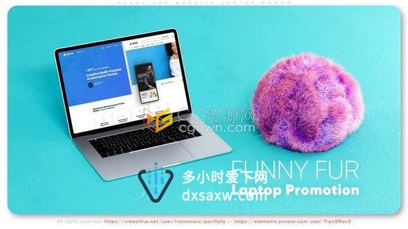 柔软弹跳绒毛皮草动画3D笔记本电脑展示和宣传应用程序网站服务AE模板