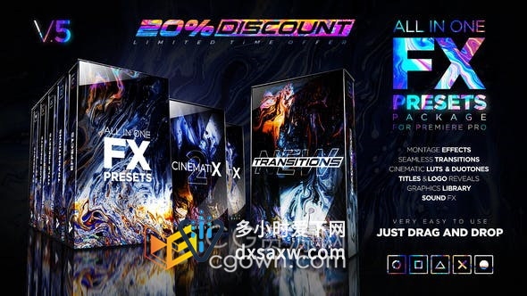 PR模板工程-1000+FX预设包图形背景标题动画电影LUTS过渡音效超级包装效果元素