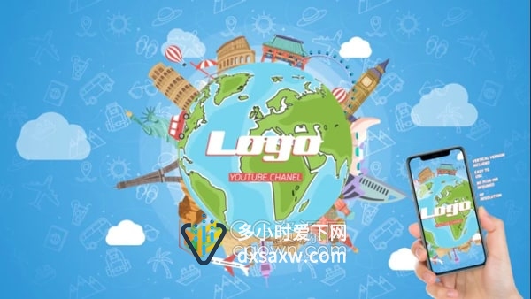 AE模板卡通地球世界著名景点图形动画展示度假旅游标志片头