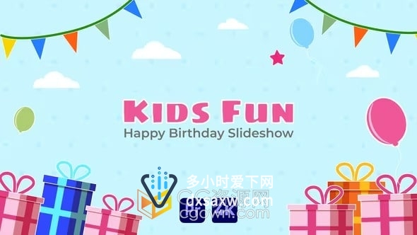 PR模板-彩色气球彩带礼物生日元素制作快乐生日祝福视频可爱儿童活动相册