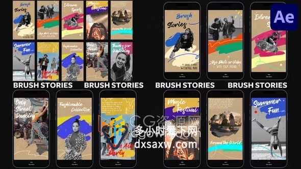 竖屏AE相册模板-Brush Stories艺术笔刷效果多彩时尚幻灯片