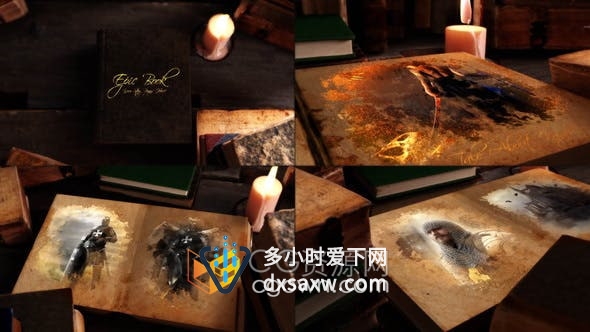 AE模板-烛光古书桌面场景魔法书翻页展示墨水能量效果传奇人物介绍