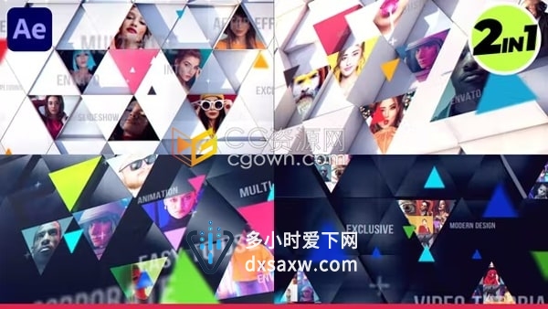AE视频模板-立体三角形图像展示像素运动动态幻灯片