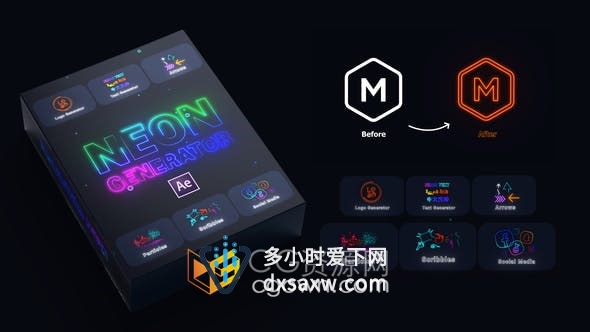 AE模板-霓虹灯FX发生器快速制作文字标题LOGO图标发光动画效果视频