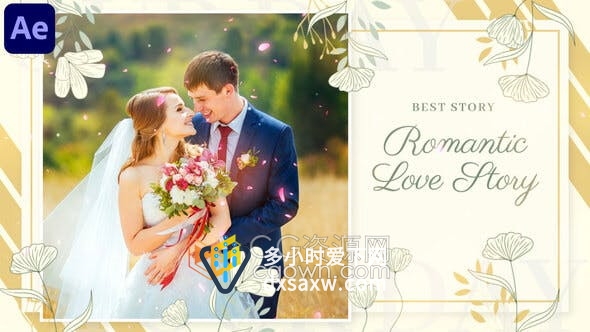AE婚礼相册模板浪漫爱情故事幻灯片手绘花卉视频邀请函
