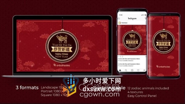 AE模板-有趣农历新年介绍喜庆片头含垂直水平和方形版本