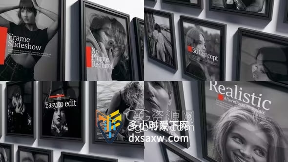 AE模板-摄影工作室墙上黑色相框展示多屏照片相册