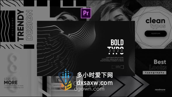 Premiere Pro制作5组单色黑暗时尚文字排版图案介绍媒体卡片动画视频-PR模板