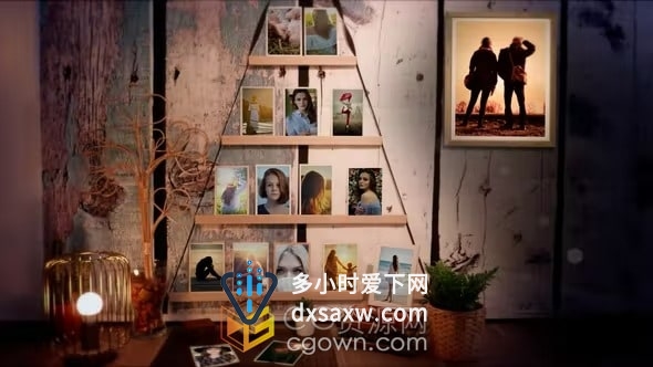 墙壁上挂着照片相框展示动画视频相册制作AE模板