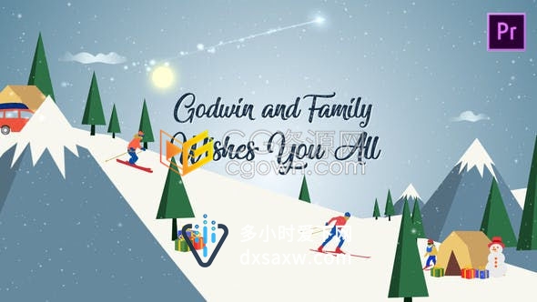 PR预设-下雪天卡通山上滑雪情景动画展示圣诞节祝福片头