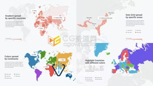 世界地图信息图表动画元素数据区域覆盖点信息框演示AE模板下载