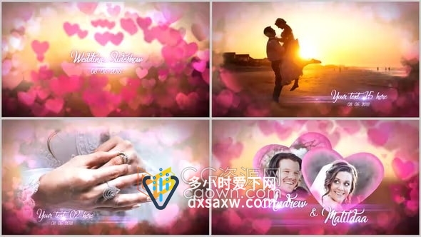 婚礼AE模板-粉红爱心动画浪漫情人节幻灯片婚礼视频相册