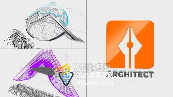 AE模板-3D立体建筑绘图风格干净多彩发光标志LOGO动画