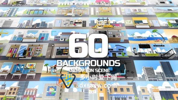 AE模板-60个MG动画场景背景视频机场巴士站咖啡厅教室工地消防局港口体育场剧院城镇