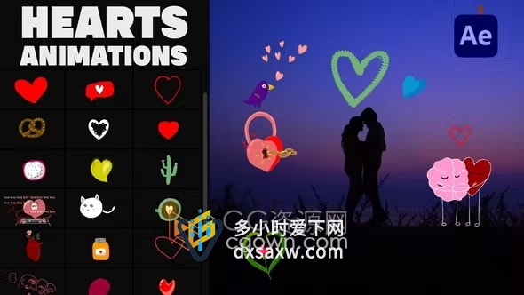 有趣卡通动画爱心心形贴纸节日庆典视频装饰元素AE模板