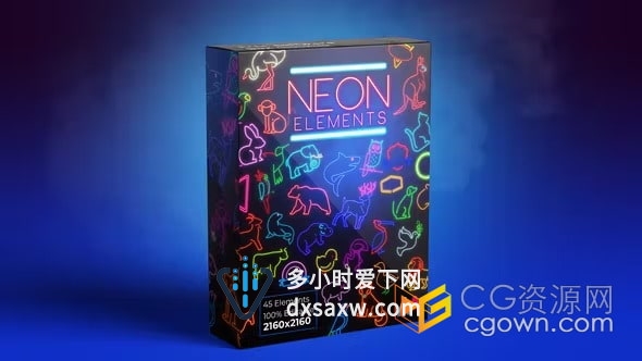 彩色霓虹灯元素包括45种可爱动物和发光图形Neon Elements Animals-AE模板