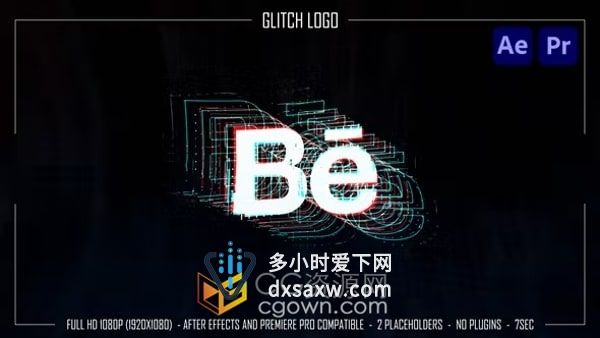 AE与PR模板-适合纵向与横向屏幕故障标志动画抖音朋友圈宣传Glitch Logo片头