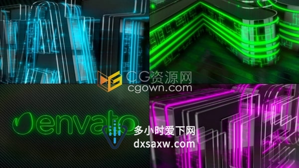 AE科技片头模板-霓虹灯光面3D标志显示Neon Techno Logo