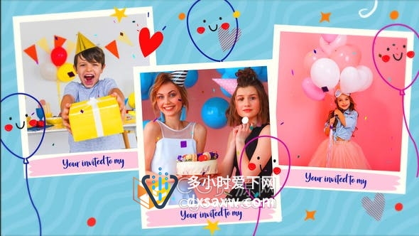 AE/PR模板-生动简笔画飞行气球可爱动画元素制作惊喜派对节日祝福视频生日相册