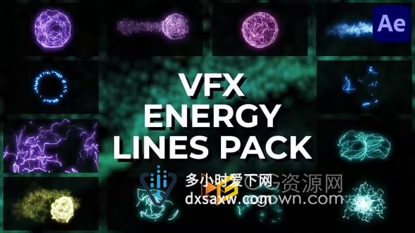 AE模板-VFX发光粒子多彩能量线元素制作视频电影音乐剪辑背景标题特效