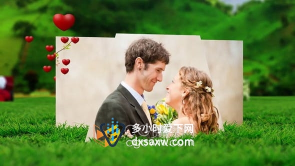 PR模板-户外绿地草坪场景红色爱心漂浮上升视差效果玻璃质感婚礼照片展示