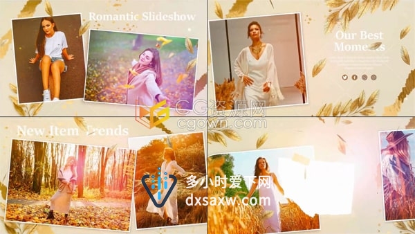 AE模板-金色叶子动画浪漫婚礼开场白甜蜜回忆视频相册