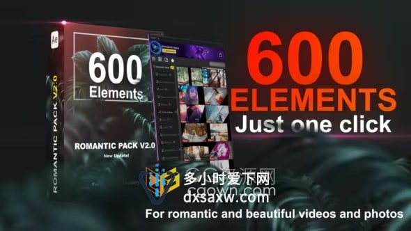 600元素制作浪漫视频标题字幕转场效果调色光效粒子动画Romantic Pack V2.0 AE模板脚本