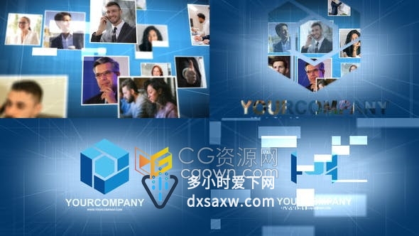 IT科技风格员工头像照片汇聚成六边形企业标志动画AE模板