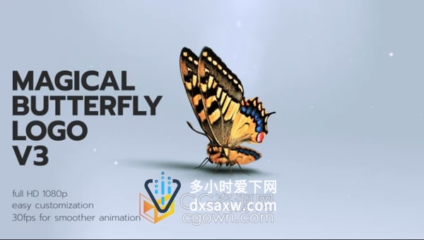 AE模板-魔法蝴蝶飞舞扇动翅膀生成彩色粒子标志LOGO显现动画