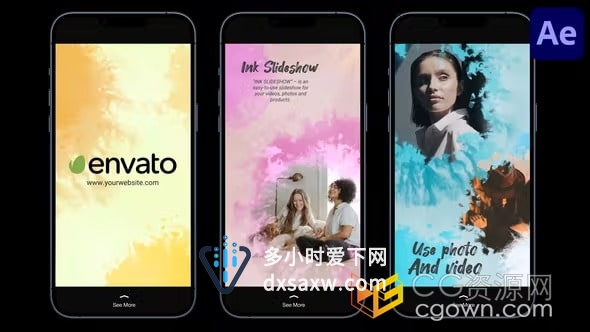 朋友圈宣传AE模板-优雅艺术场景彩色水墨效果垂直视频短片Ink Stories