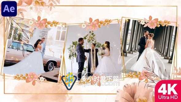 AE4K婚礼邀请幻灯片模板水彩优雅手绘花卉动画视频相册
