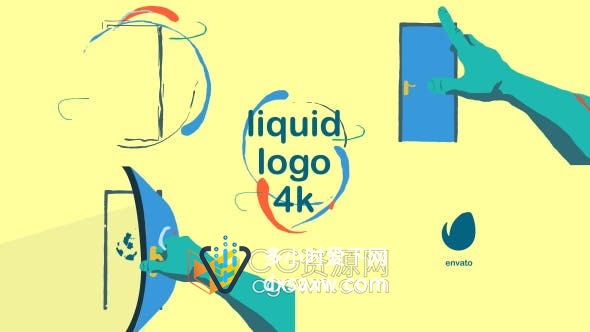 AE模板-卡通手绘液体演绎人手开门展示品牌标志LOGO动画