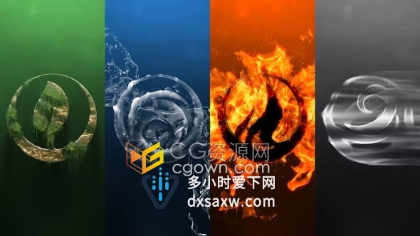 AE模板-自然界四大元素风火水地剪影风格特效标志动画流体火焰风水片头