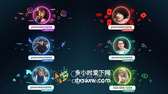 PR模板-6组社交媒体平台图标用户头像照片帐号关注动画
