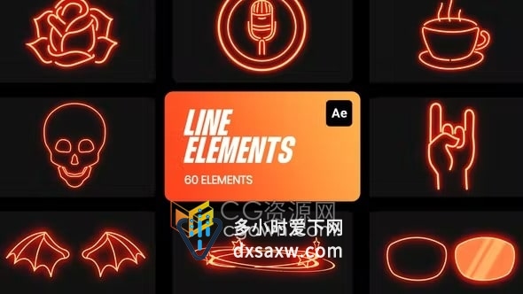 AE模板-60个卡通霓虹灯线条FX特效元素和运动图形形状动画