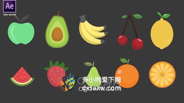 樱桃苹果香蕉鳄梨柠檬草莓西瓜牛油果等水果图标元素-AE模板