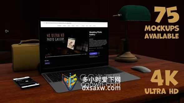 AE模板-木质办公桌面笔记本电脑智能手机模型场景APP界面网站产品展示