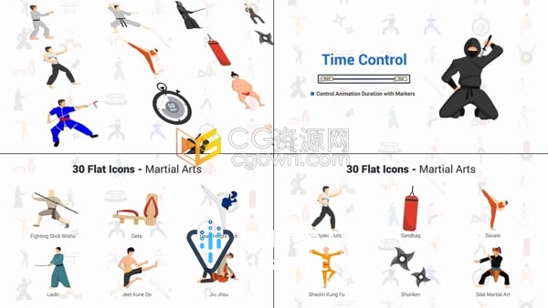 AE模板-功夫艺术拳击格斗柔术空手道30个武术图标动画Martial Arts Icons